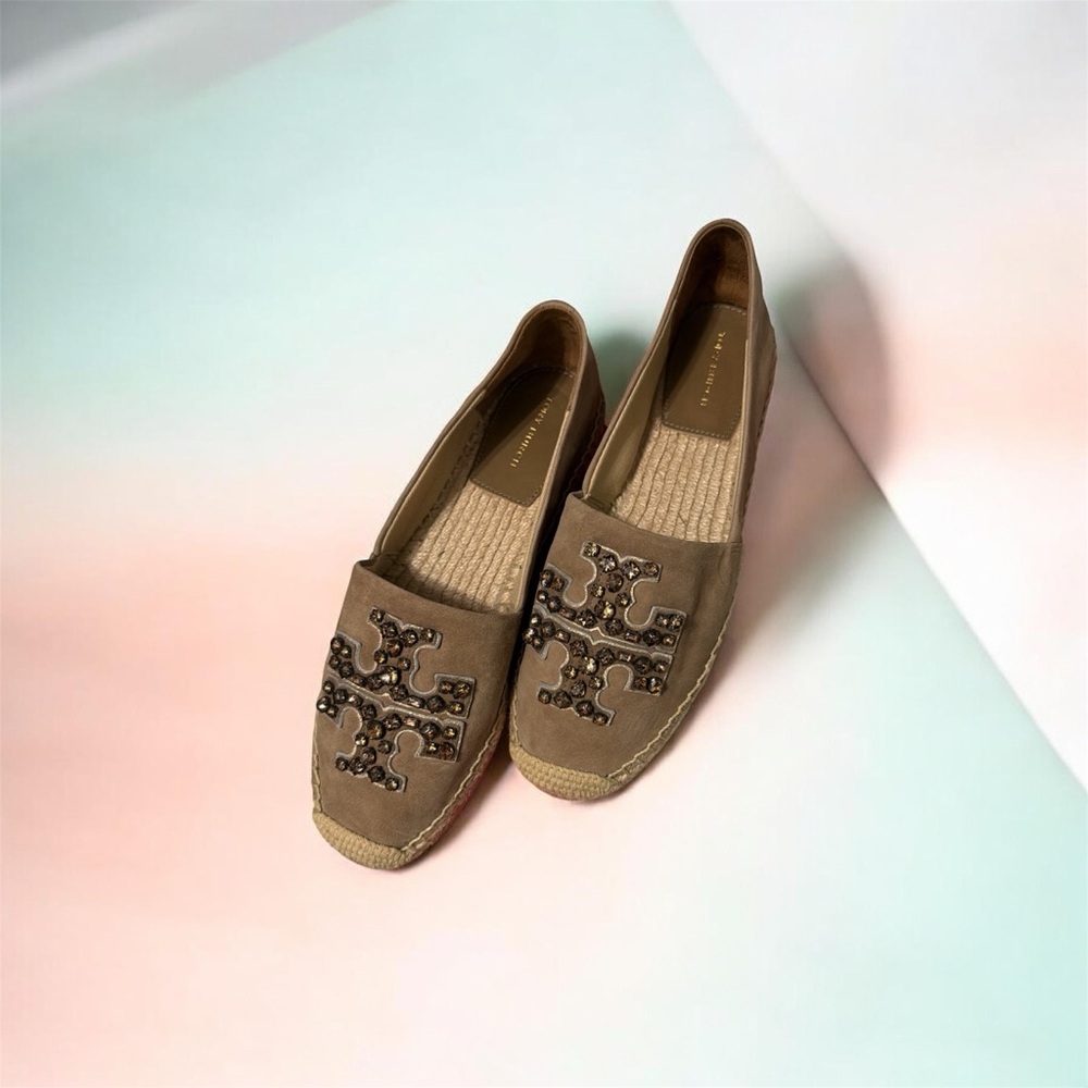 Tory Burch Royal Suede Embellished Espadrilles 8.5 in almond flour/ light topaz